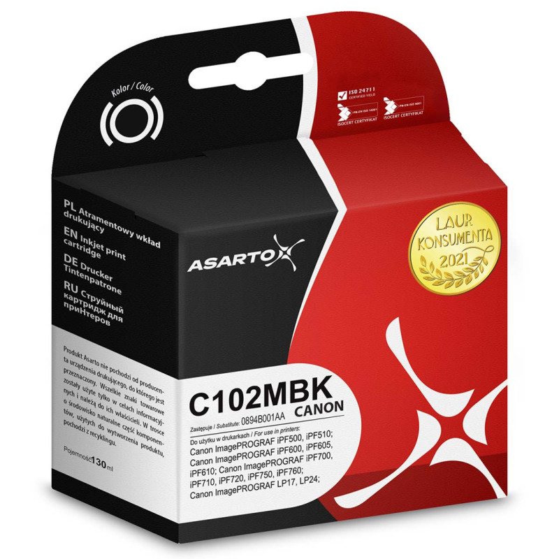 Tusz Asarto do Canon C102MBK | CF0894B001AA | 130 ml | matte black Tusz Asarto do Canon C102MBK | CF0894B001AA | 130 ml | matte black