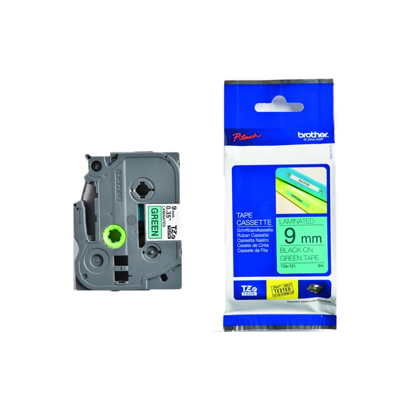 Taśma Brother laminowana 9mm x 8m czarny nadruk / zielone tło Taśma Brother laminowana 9mm x 8m czarny nadruk / zielone tło