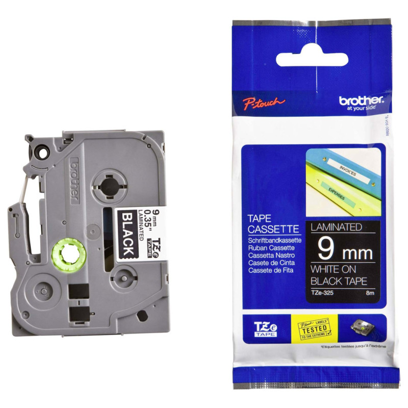 Taśma Brother laminowana 9mm x 8m biały nadruk / czarne tło Taśma Brother laminowana 9mm x 8m biały nadruk / czarne tło