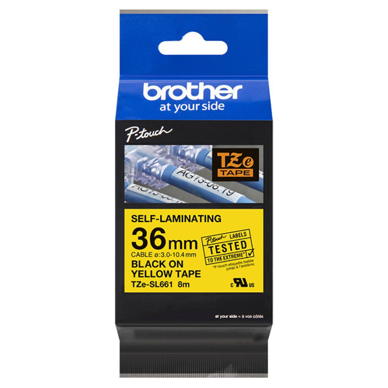 Taśma Brother samolaminująca 36mm x 8m czarny nadruk/żółte tło Taśma Brother samolaminująca 36mm x 8m czarny nadruk/żółte tło
