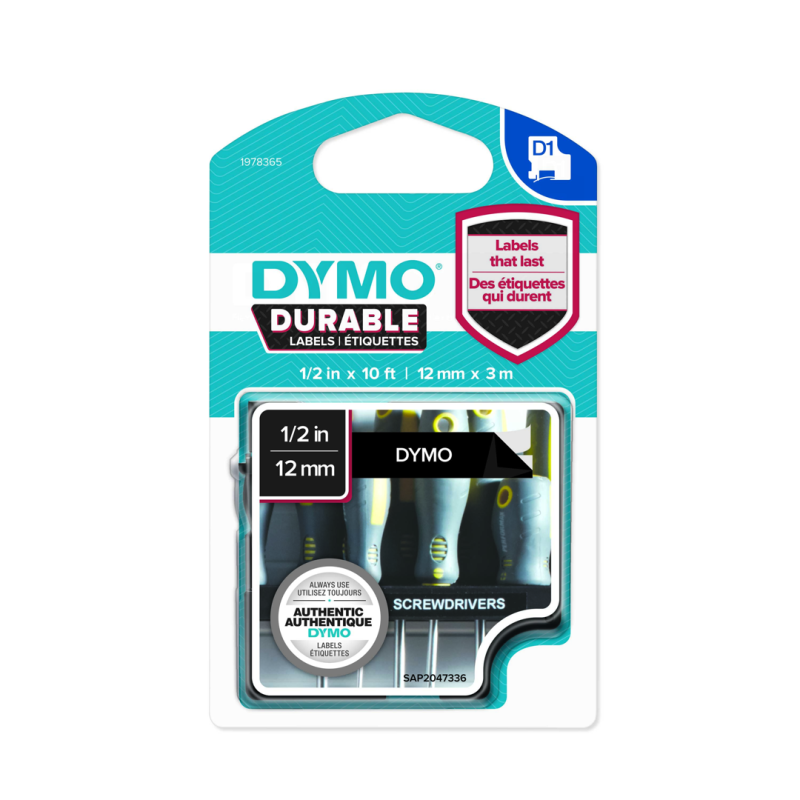 Dymo taśma do drukarek etykiet, D1 Durable | 12mm x 3m | biały/czarny